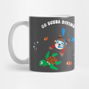 Diving with funny monkey and turtle with cartoon style. Mug